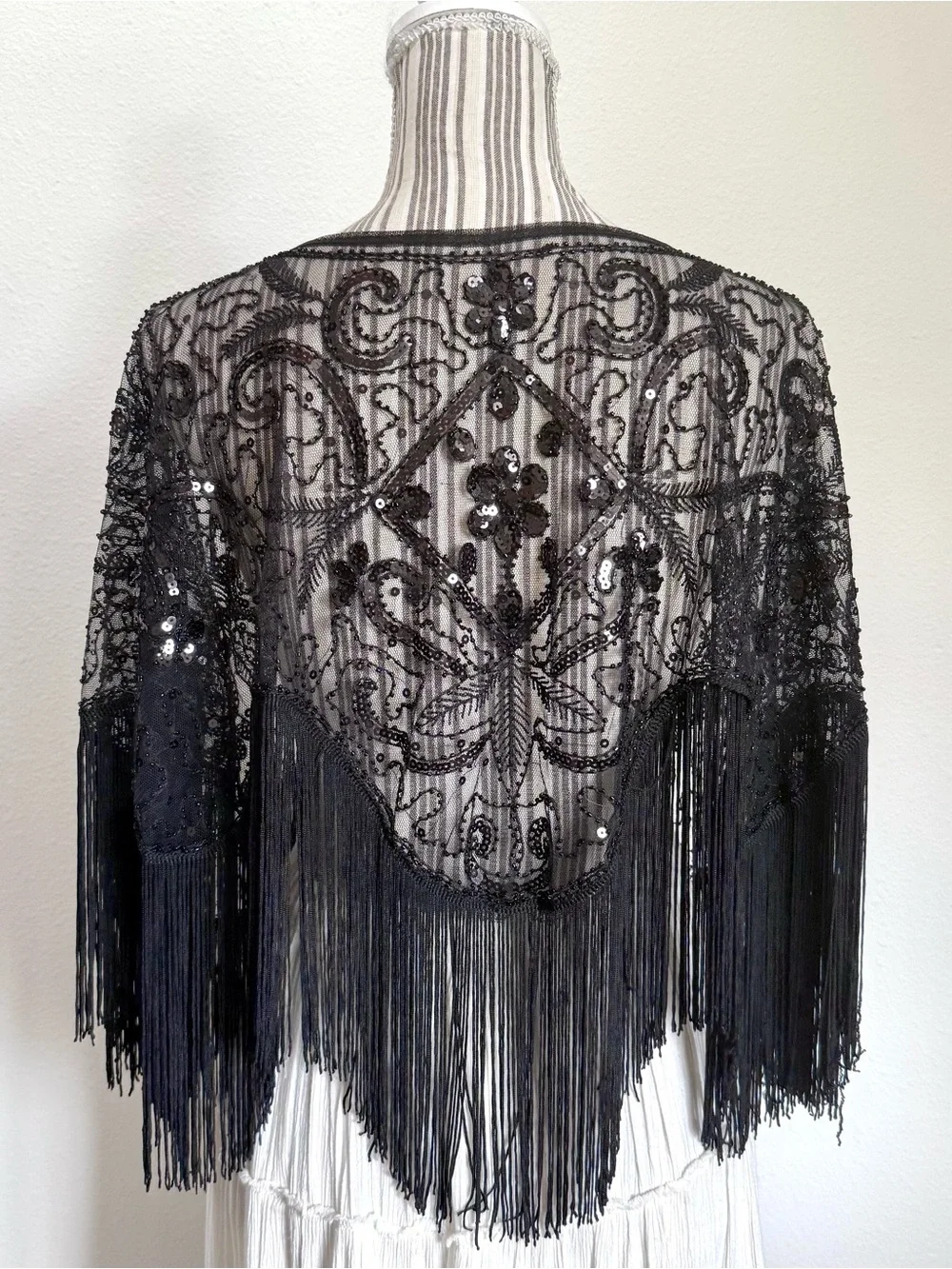 Vintage black beaded fringe capelet 🖤 whimsygoth dark romantic Gatsby